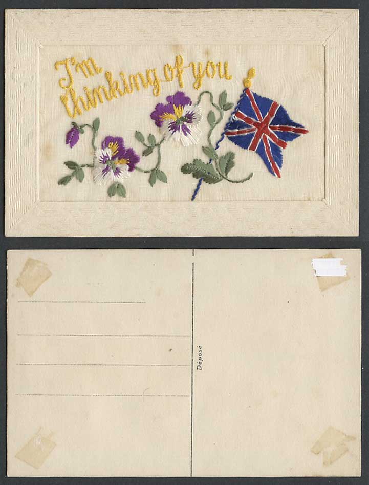 WW1 SILK Embroidered Old Postcard I'm Thinking of You British Flag Pansy Novelty