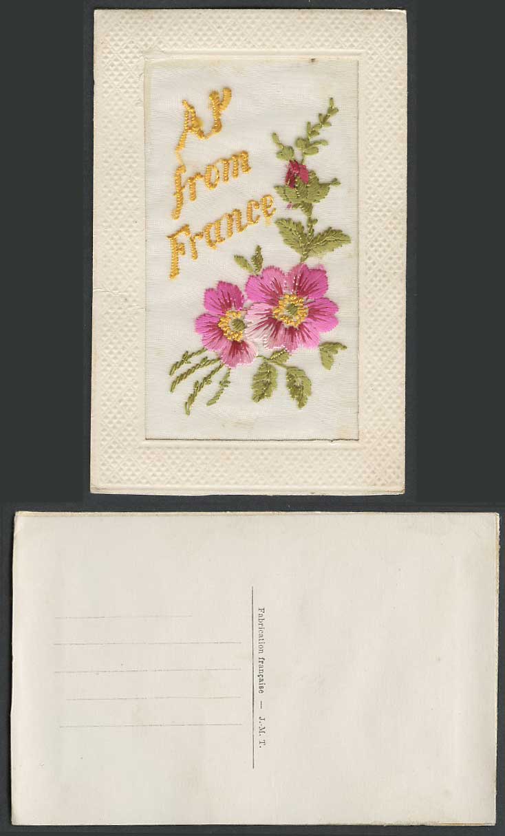 WW1 SILK Embroidered French Old Postcard Ay from France, Flowers, Novelty J.M.T.