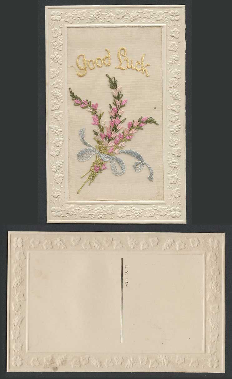 WW1 SILK Embroidered Old Postcard Good Luck Bunch of Pink Flowers Novelty LV Cie