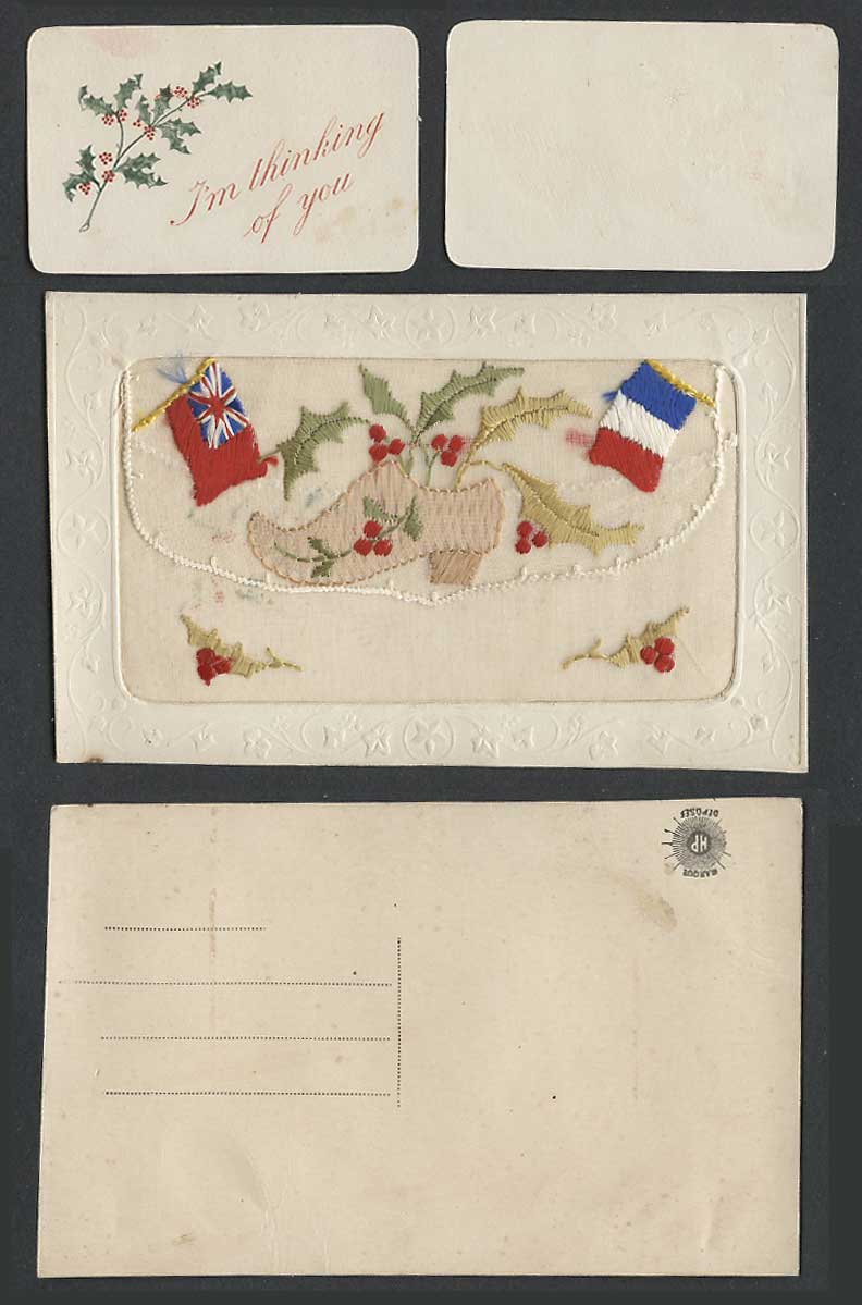 WW1 SILK Embroidered Old Postcard Holly in Shoe Flags I'm Thinking of You Wallet