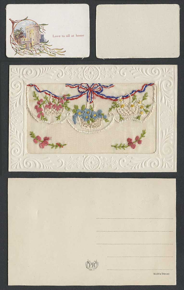 WW1 SILK Embroidered Old Postcard Flower Baskets Love to All at Home Card Wallet