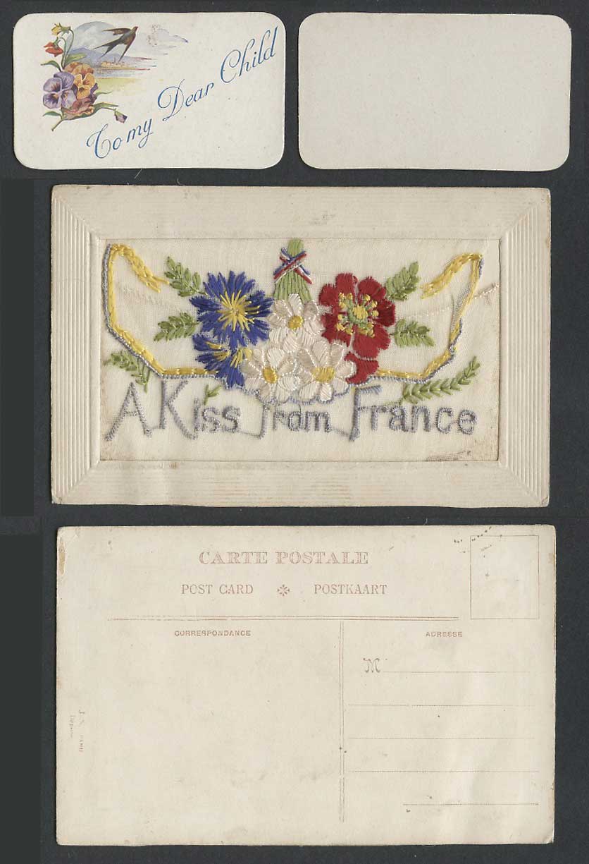 WW1 SILK Embroidered Old Postcard A Kiss from France, Bird To My Dear Child Card