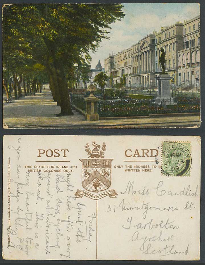 Cheltenham 1909 Old Postcard Promenade Gardens and War Memorial Monument Statue