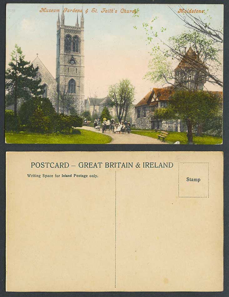 Maidstone Museum Gardens St. Faith's Church Children Old Hand Tinted Postcard