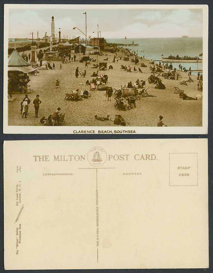 Southsea Clarence Beach Seaside Panorama Boat Hampshire Old Hand Tinted Postcard