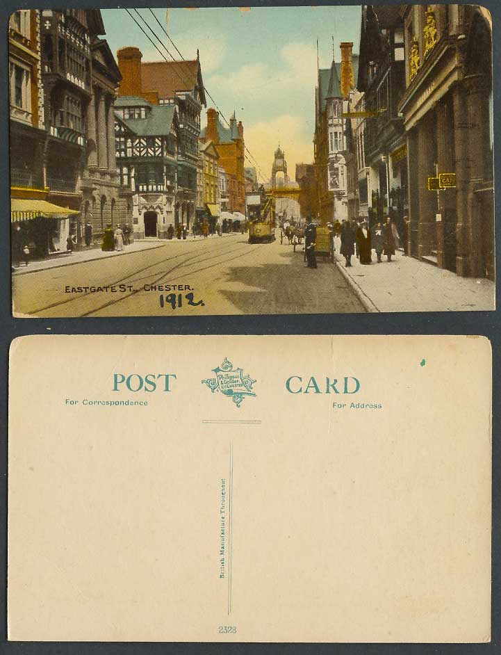 Chester, Eastgate Street Scene, TRAM Tramway, Clock Tower Cafe 1912 Old Postcard