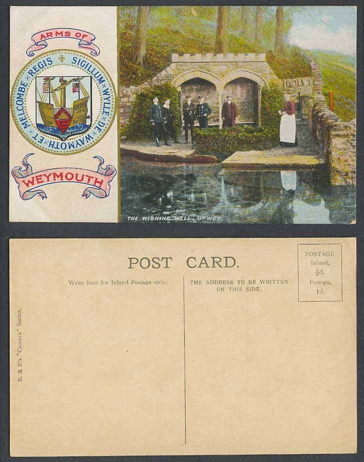 Dorset Old Colour Postcard The Wishing Well Upwey, Coat of Arms of Weymouth Boat