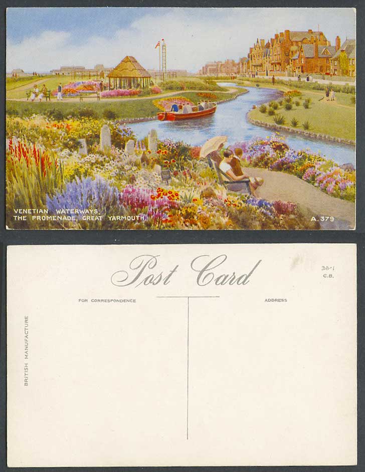 Great Yarmouth Old Postcard Venetian Waterways, The Promenade, Boat Artist Drawn