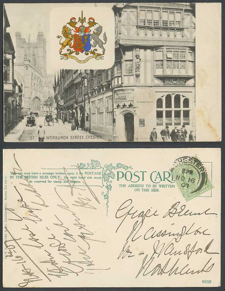 Cheshire 1907 Old Postcard St. Werburgh Street, Chester Cathedral, Coat of Arms