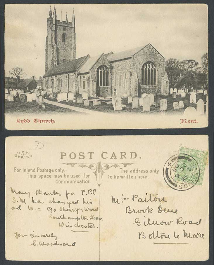 Lydd All Saints Church Churchyard Kent 1/2d. 1905 Old Postcard Tombstones Graves