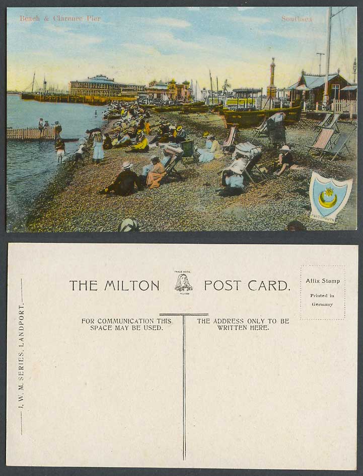 Southsea Old Colour Postcard Beach & Clarence Pier Portsmouth Coat of Arms Boats