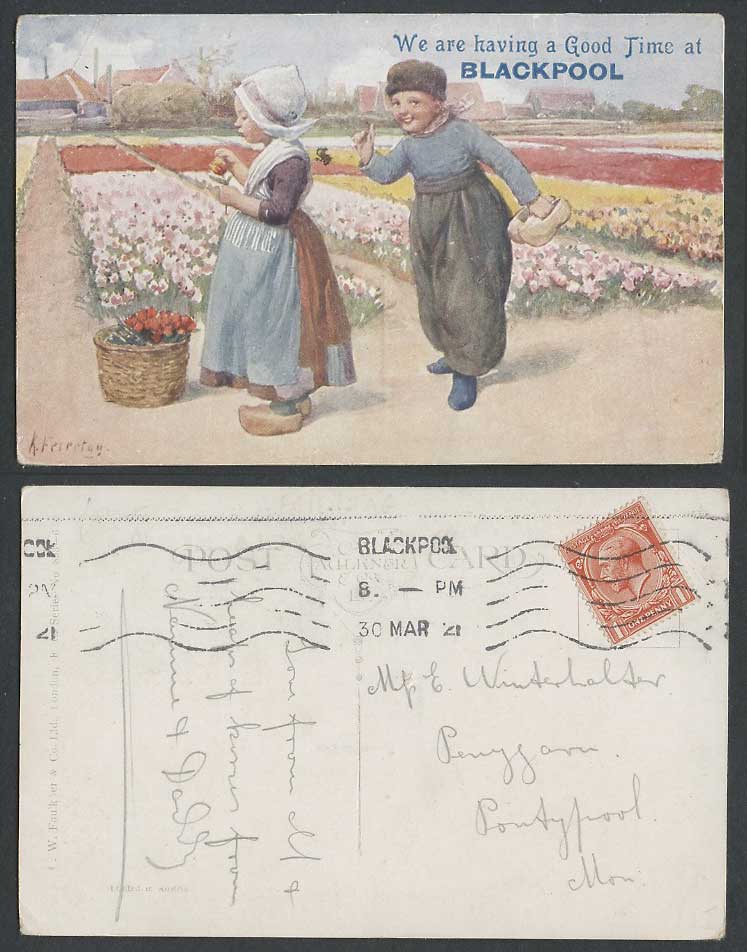 K Feiertag We are having Good Time at Blackpool Dutch Children 1921 Old Postcard