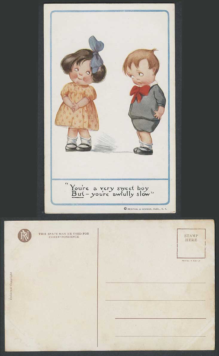 Boy & Girl You're a Very Sweet Boy But You're Awfully Slow Children Old Postcard