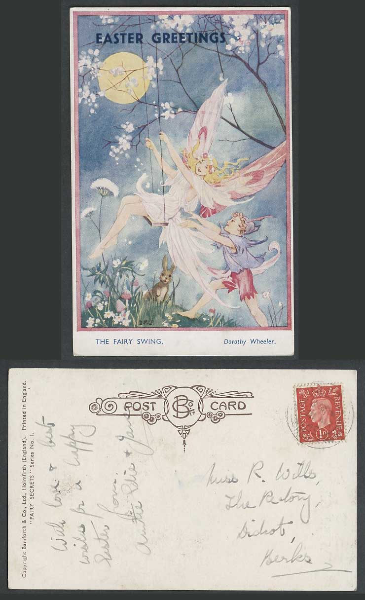 Dorothy Wheeler 1940 Old Postcard The Fairy Swing Peter Pan Rabbit Full Moon ART