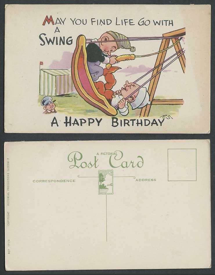 E.S., May You find life go with a swing, A Happy Birthday Greetings Old Postcard