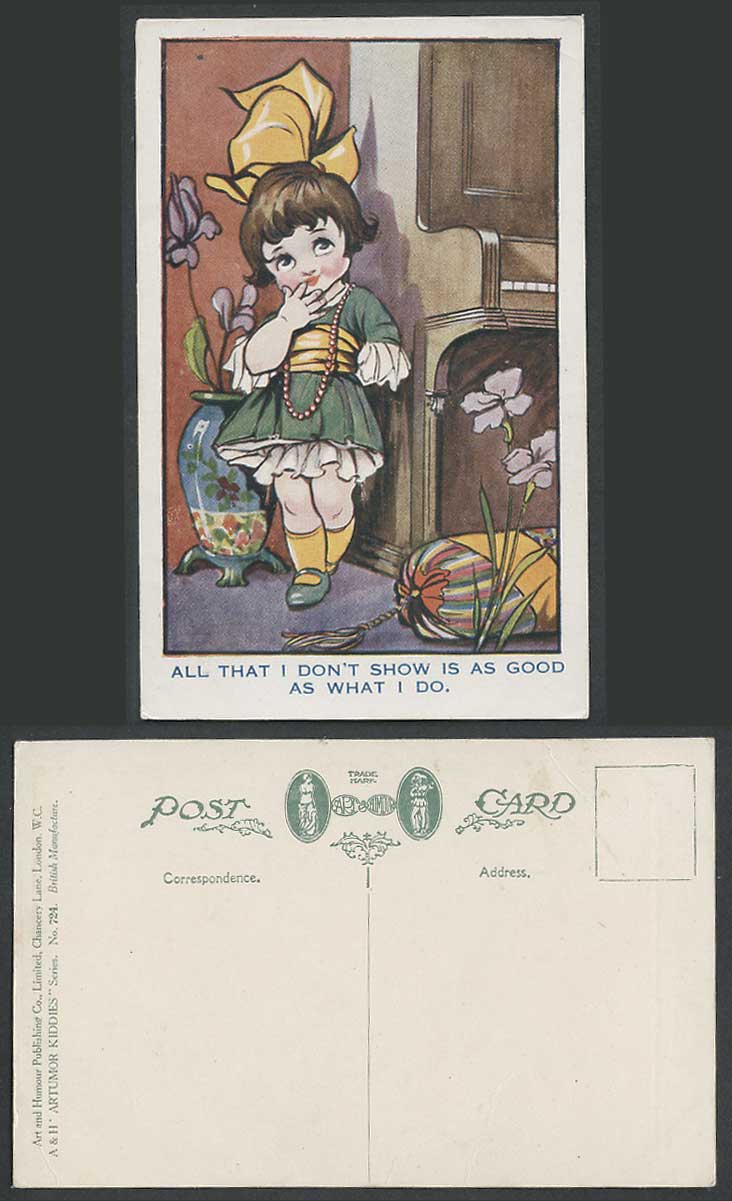 Girl Flowers Vase All that I don't show is as good as what I do Old Postcard A&H