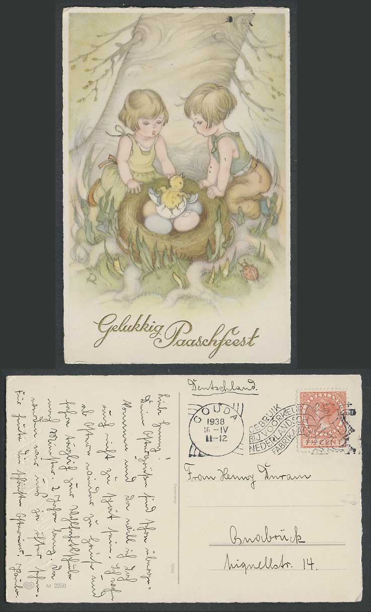 Easter Chick Bird Nest Egg Girls Ladybug Children Dutch 7 1/2c 1938 Old Postcard