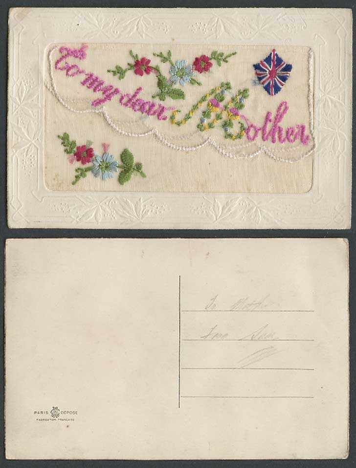 WW1 SILK Embroidered Old Postcard To My Dear Mother, Flowers, Flag, Empty Wallet