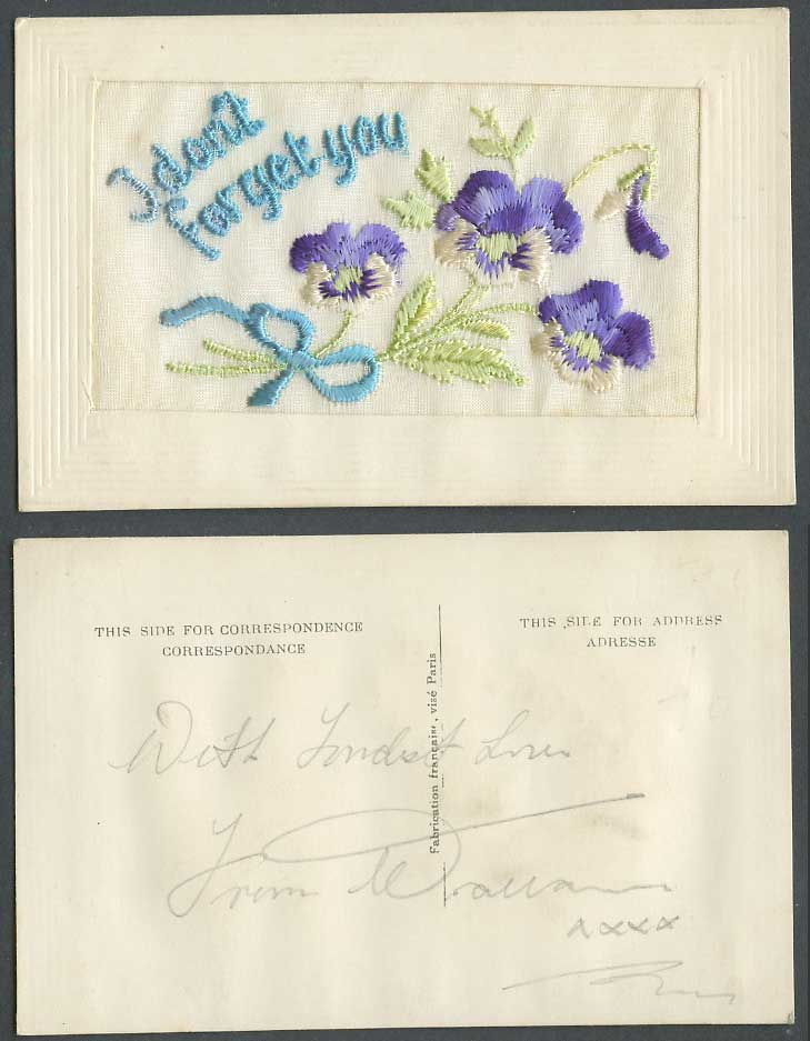 WW1 SILK Embroidered Old Postcard I Don't Forget You and Bunch of Pansy Flowers