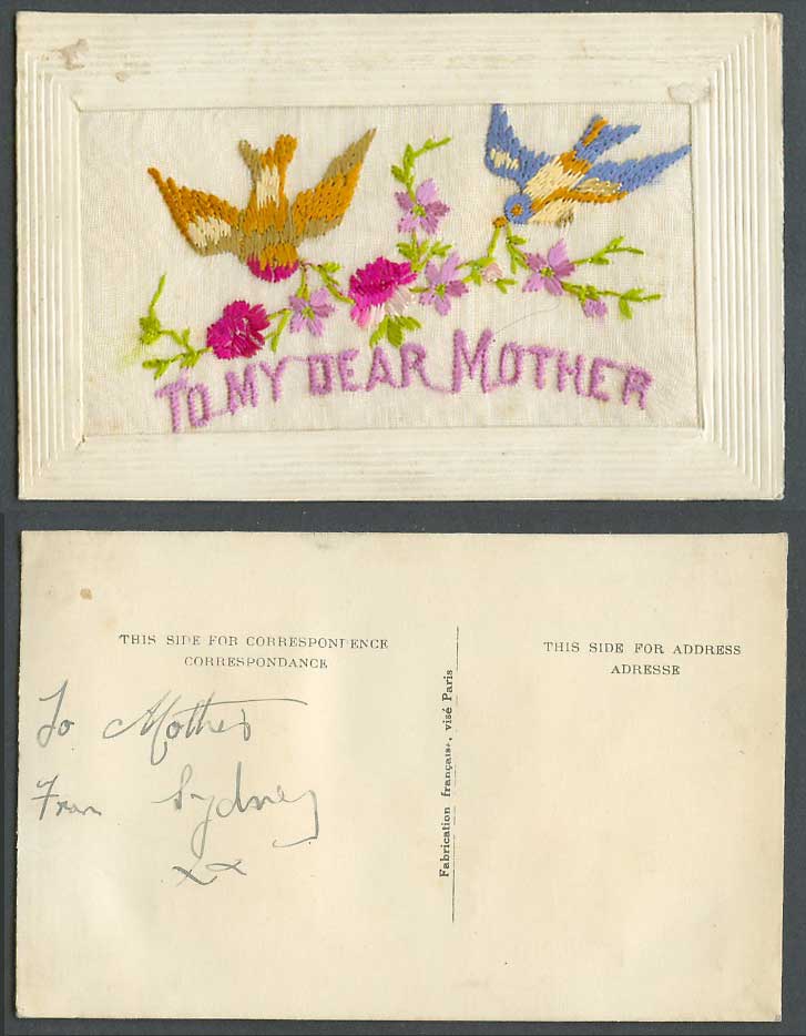 WW1 SILK Embroidered Old Postcard To My Dear Mother Swallow Birds Deliver Flower