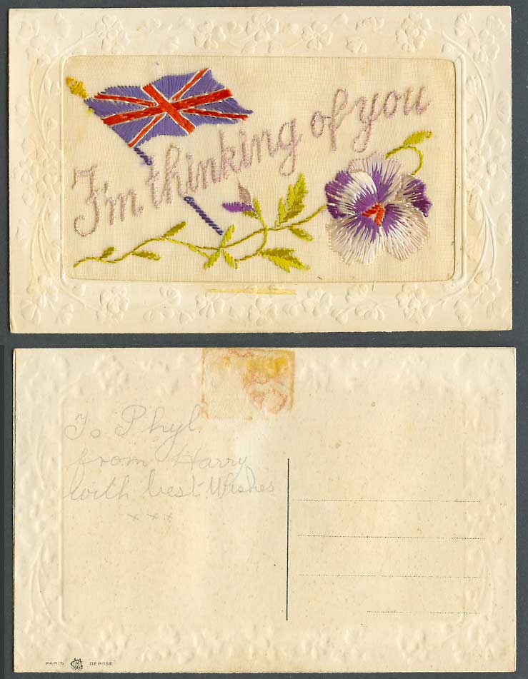 WW1 SILK Embroidered Old Postcard I'm Thinking of You British Flag Pansy Flower