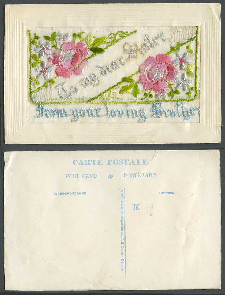 WW1 SILK Embroidered Old Postcard To My Dear Sister from Your Loving Brother JS