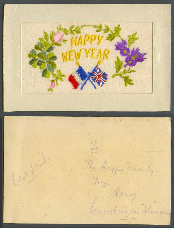 WW1 SILK Embroidered Old Postcard Happy New Year, Flags, Thistles 4-Leaf Clovers