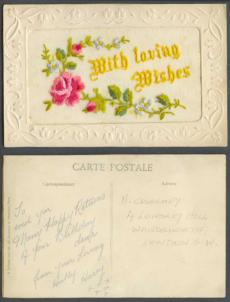 WW1 SILK Embroidered Old Postcard With Loving Wishes, Flowers, Novelty Greetings