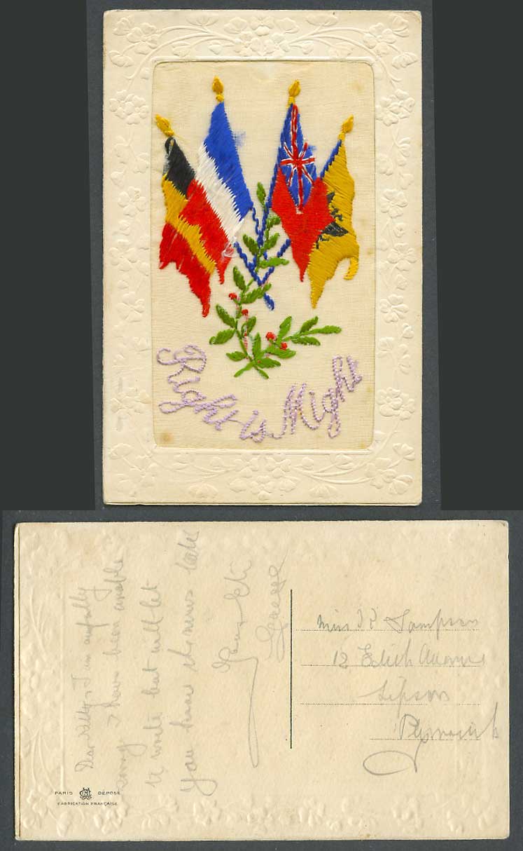 WW1 SILK Embroidered Old Postcard Right is Might Flags Holly Novelty Greetings