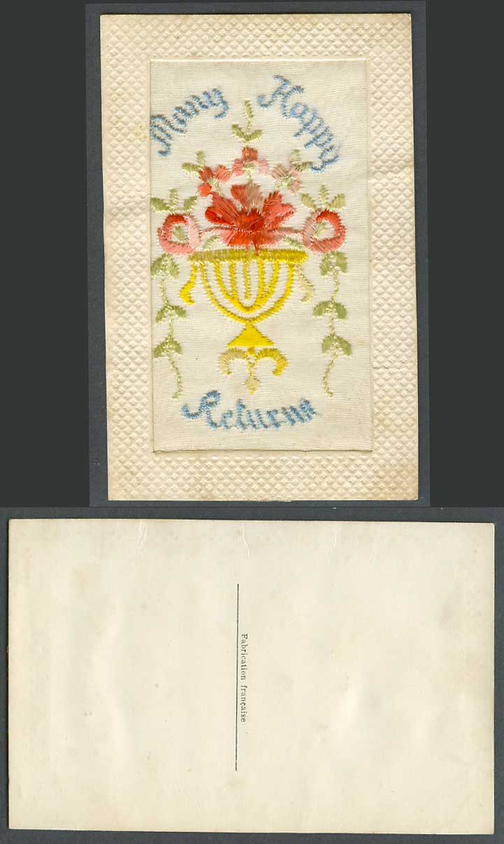 WW1 SILK Embroidered Old Postcard Many Happy Returns, Flowers, Novelty Greetings