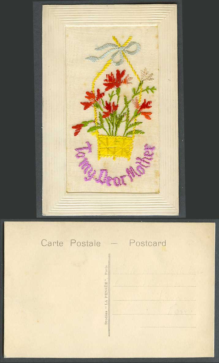 WW1 SILK Embroidered Old Postcard To My Dear Mother, Flowers in Basket, Novelty