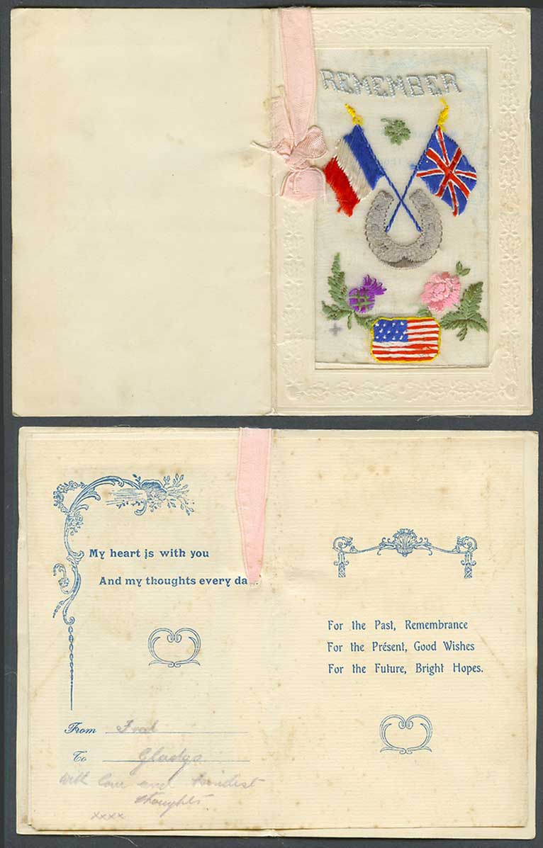 WW1 SILK Embroidered Old Greeting Card Remember, USA Flag Horseshoe Thistle Rose