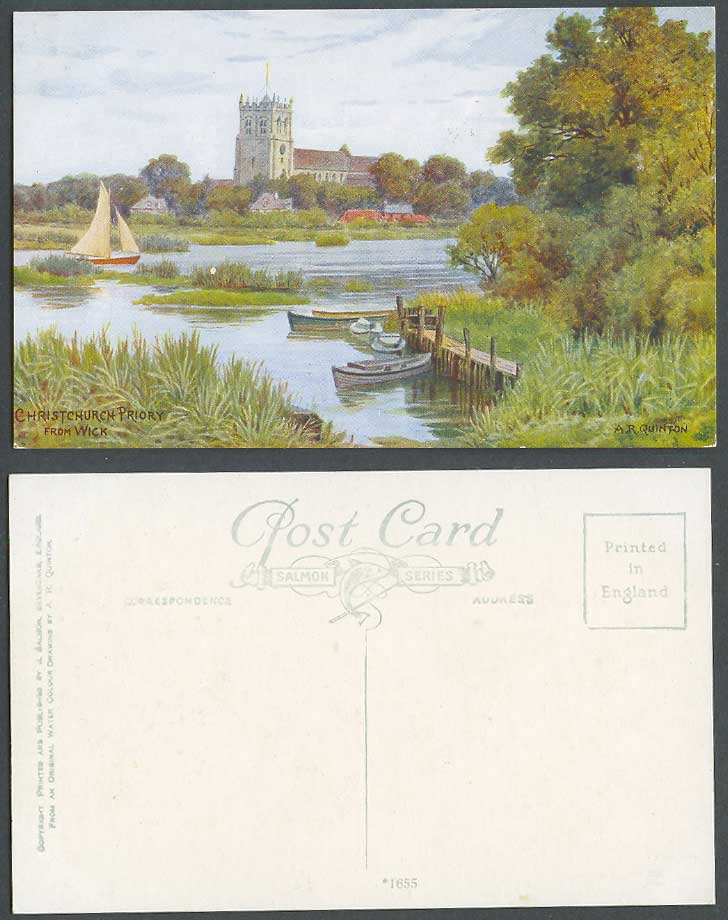 A.R. Quinton Old Postcard Christchurch Priory from Wick Church Boats Dorset 1655