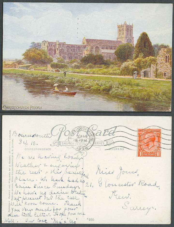 AR Quinton 1928 Old Postcard Christchurch Priory Dorset, Boating Boat Church 930