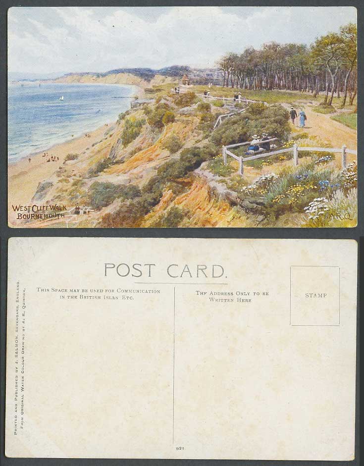 AR Quinton Artist Signed, West Cliff Walk Beach Bournemouth Old Postcard ARQ 921