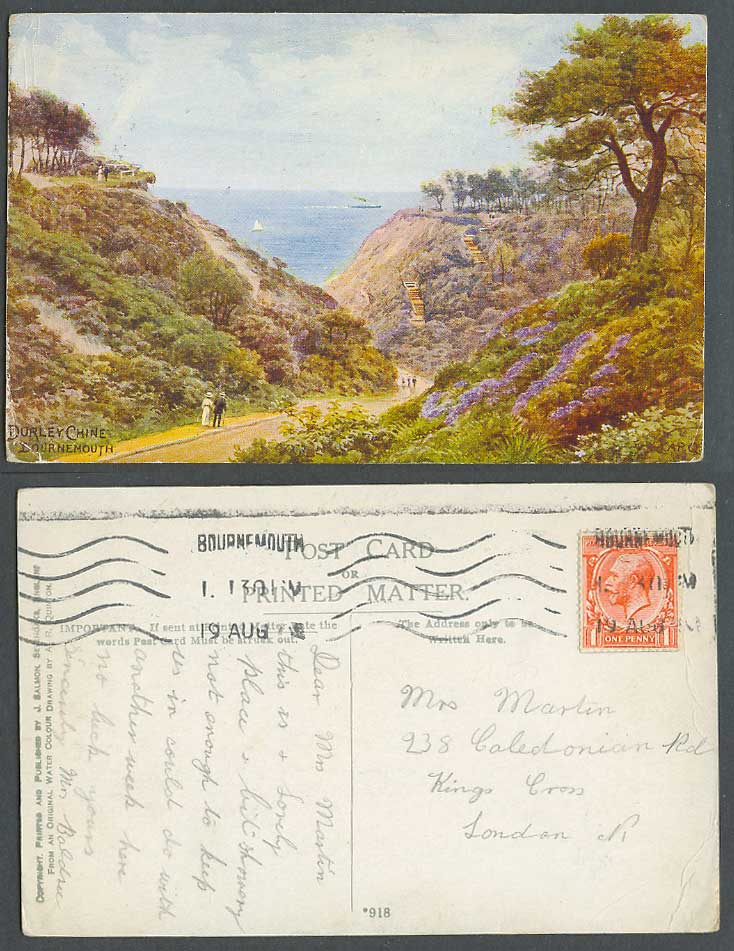 A.R. Quinton Artist Signed Old Postcard Durley Chine, Bournemouth Dorset ARQ 918