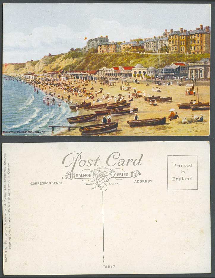 A.R. Quinton Old Postcard The West Cliff Bournemouth Beach Boats Dorset ARQ 2577