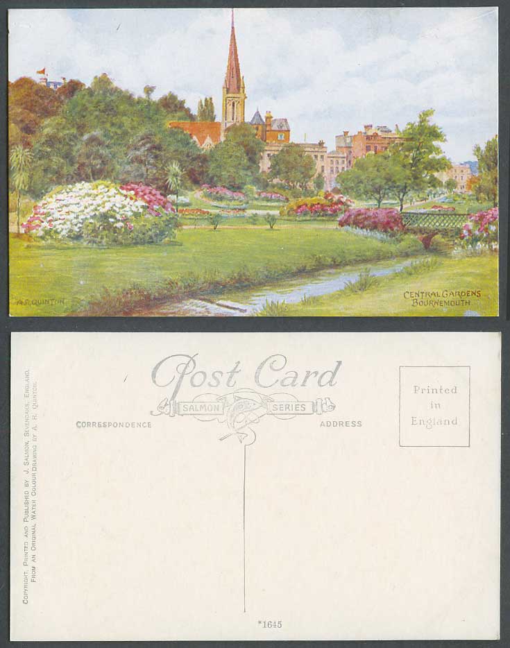 A.R. Quinton Old Postcard Central Gardens Bournemouth Dorset Bridge & River 1645