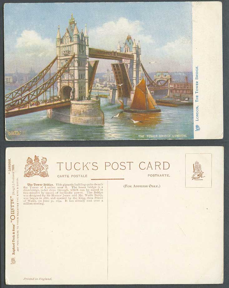London Old Tucks Oilette Postcard Tower Bridge Opening Sailing Boat Thames River