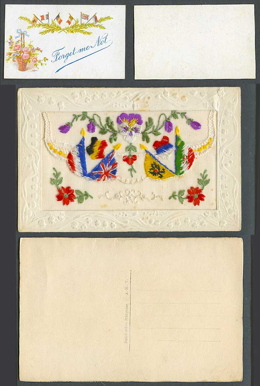 WW1 SILK Embroidered Old Postcard Flags Pansy Flower Basket Forget Me Not Wallet