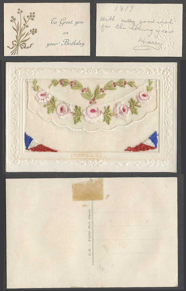 WW1 SILK Embroidered 1917 Old Postcard To Greet You on Your Birthday Flower Flag