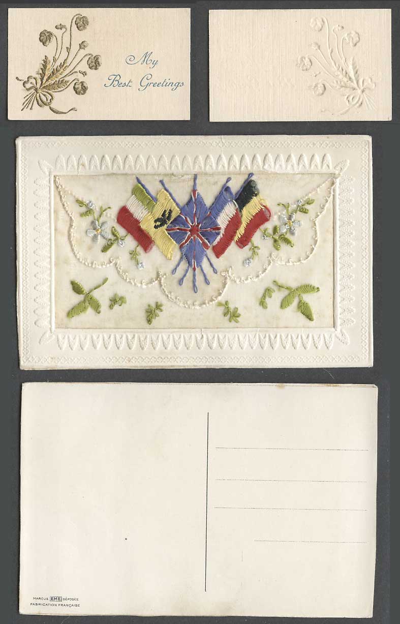 WW1 SILK Embroidered Old Postcard My Best Greetings Flowers Flags Wallet Novelty