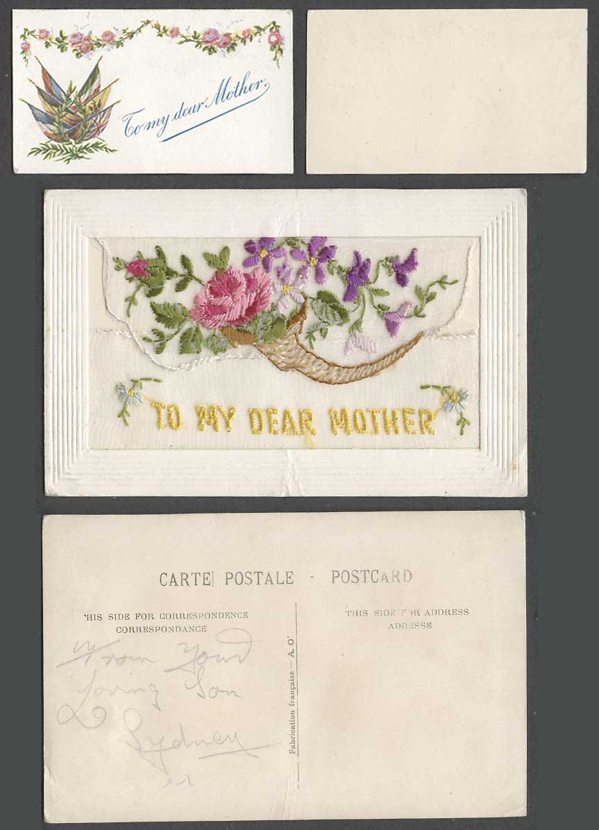 WW1 SILK Embroidered Old Postcard To My Dear Mother Flowers Flags Wallet Novelty