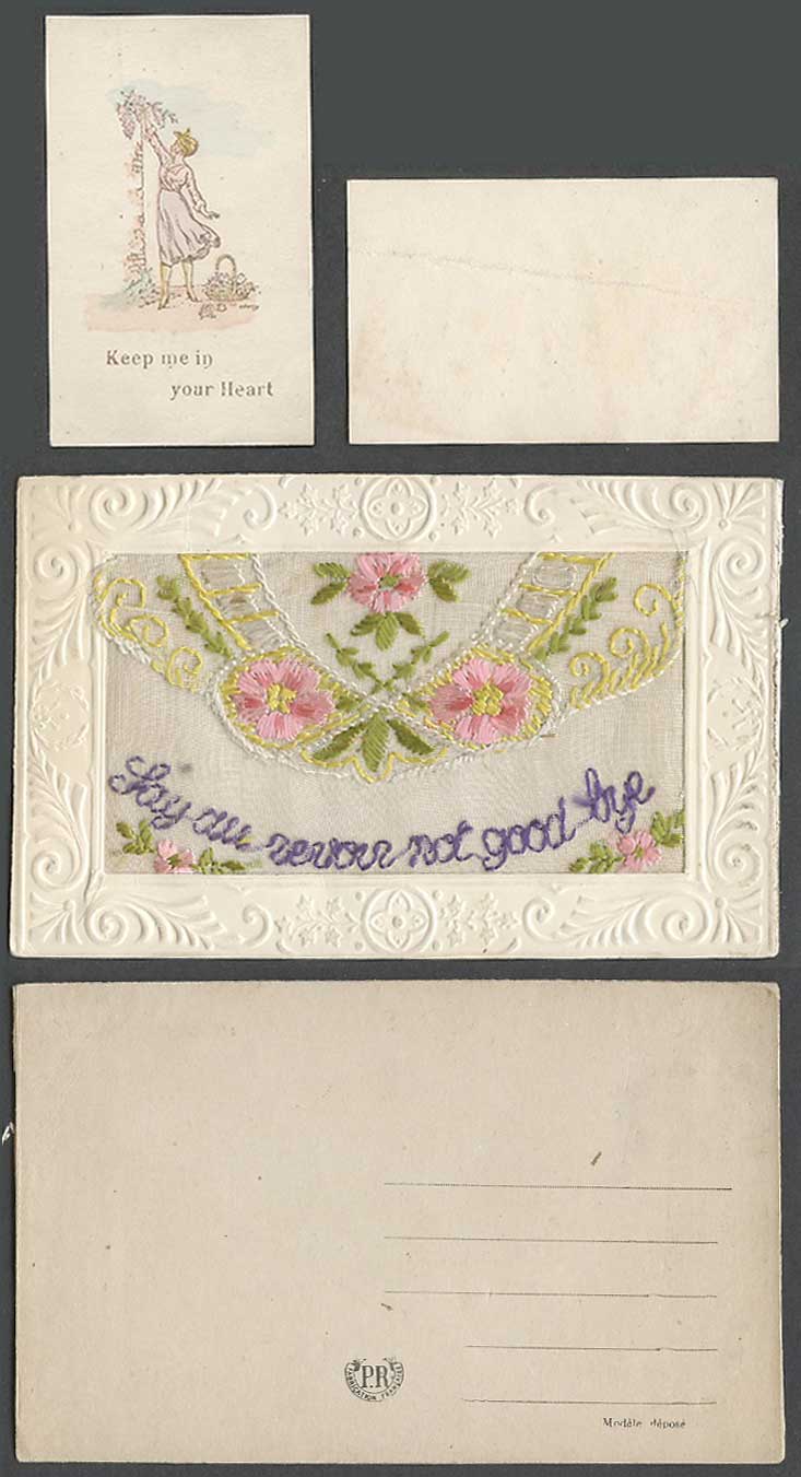 WW1 SILK Embroidered Old Postcard Say Au Revoir Not Good Bye Keep Me In Ur Heart
