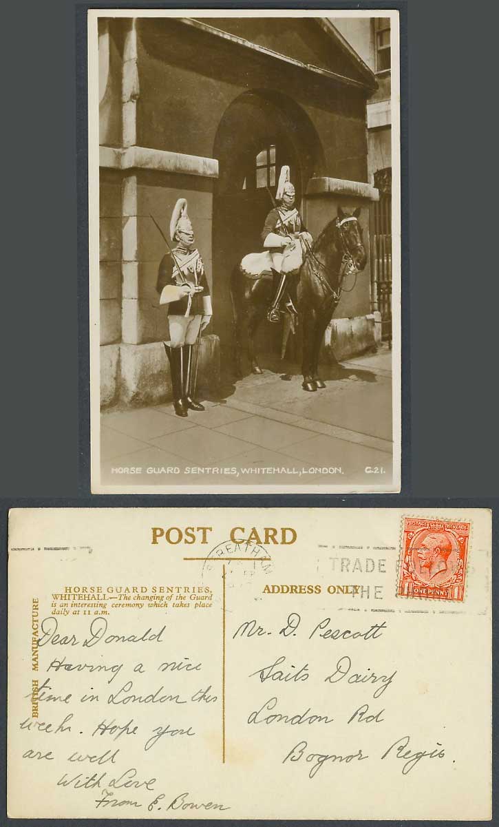 London 1932 Old Real Photo Postcard Horse Guards Sentries Whitehall Change Guard
