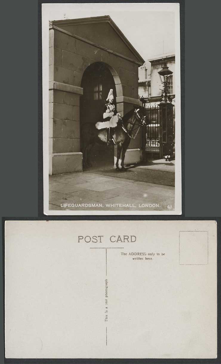 London Old Real Photo Postcard Lifeguardsman, Whitehall, Horse Rider Guard Gate