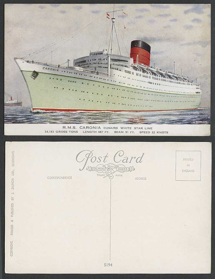RMS Caronia Royal Mail Steamer, Cunard White Star Line Old Postcard J. Nicholson