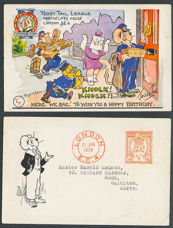 Teddy Tail Artist Signed Meter Mark 1938 Old Postcard Postman Pig Duck Mouse Rat