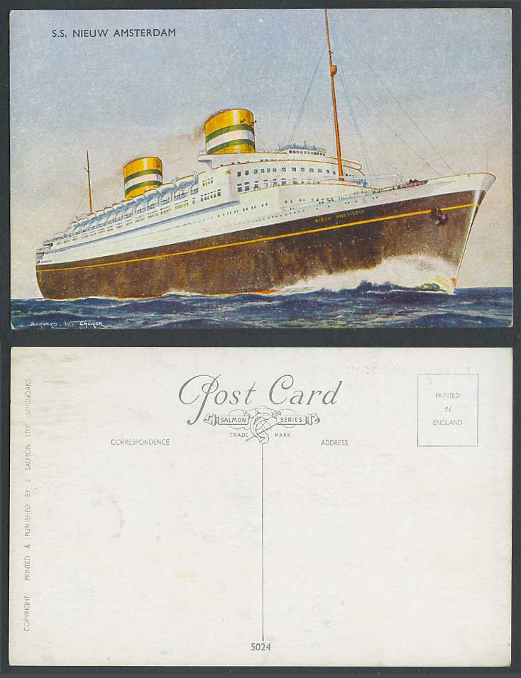 S.S. Nieuw Amsterdam Steam Ship Steamer Bernard W Church Signed Old ART Postcard