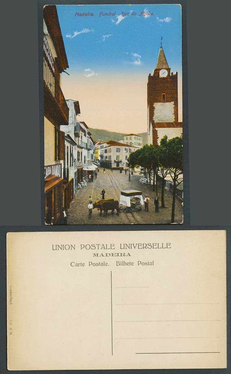 Portugal Old Postcard Madeira Funchal Rua do Aljube Street Clock Tower Bull Cart